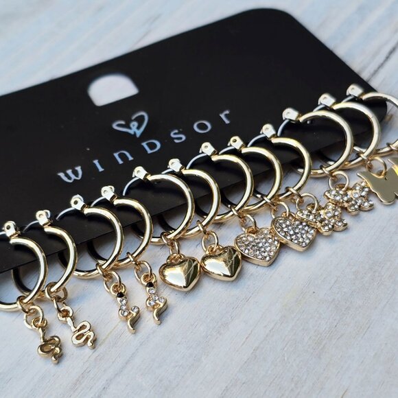 Windsor ✦ Gold Rhinestone Heart Huggies 6-Pack ✦ Interchangeable Charm Earrings - Picture 1 of 11